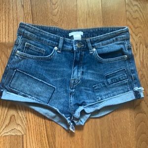 Denim patchwork short shorts